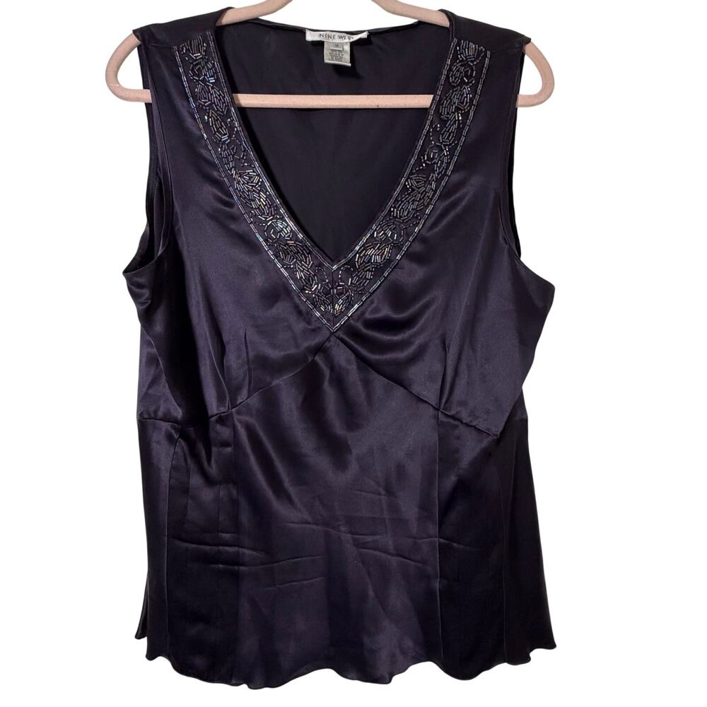 Sz 16 Y2k Vtg Nine West Dark Plum Purple Beaded 100% Silk Tank Top Glam Business